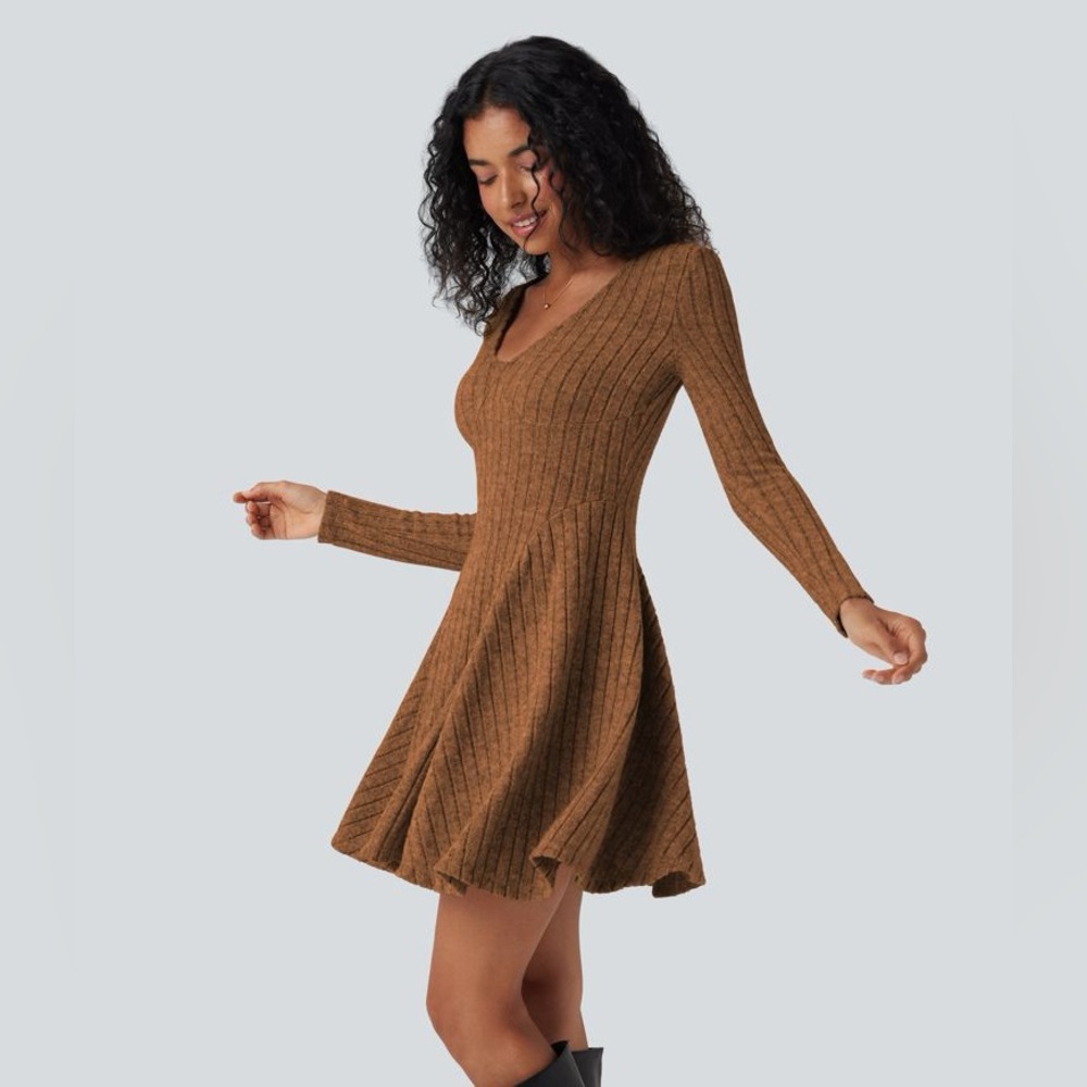 HALARA Ribbed Knit V Neck Long Sleeve Fit &  Flare Mini Casual Dress NWT